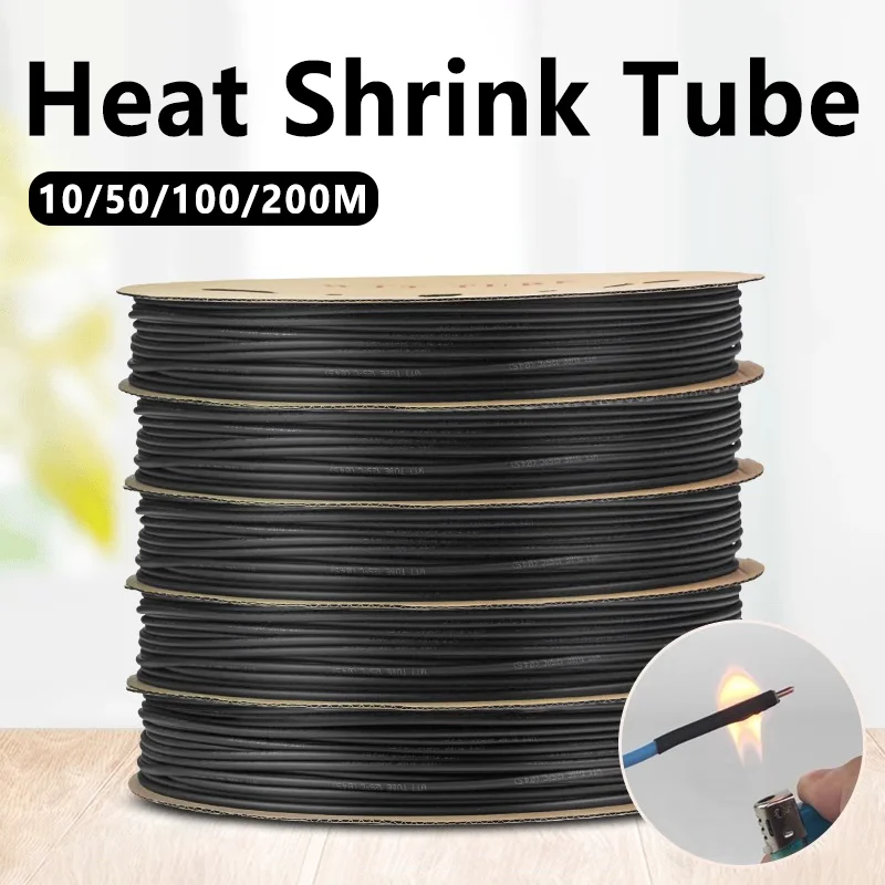 Shrink Wrap Pvc - 接着剤付き熱収縮ブラックチューブ、ポリオレフィン収縮アソートレシオ、粘着ワイヤーケーブルスリーブチューブ、3:1、100メートル